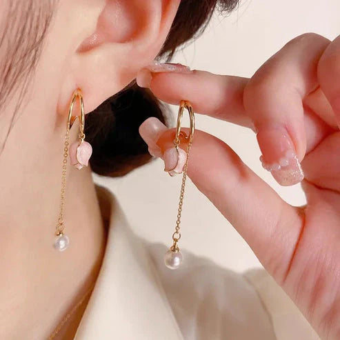 Beautiful Princess Korean Pink Flower Long Chain Earrings